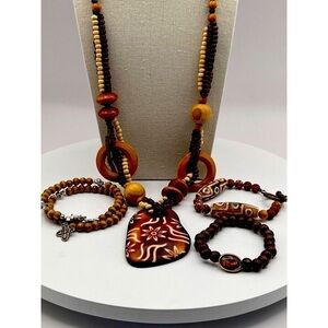 Handcrafted Wooden Beaded Necklace Set With Tribal Floral Pendant & Bracelets